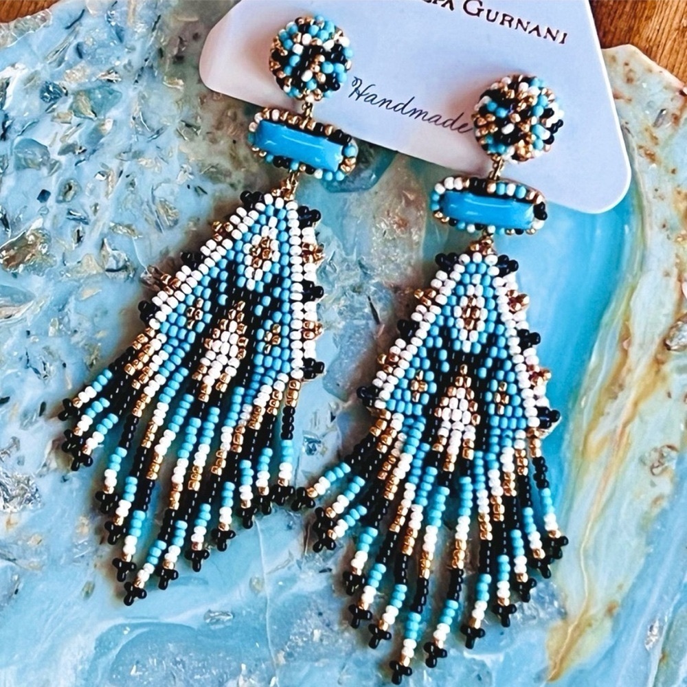 NWT Deepa Gurnani Turquoise Beaded Fringe Chandeliers - Picture 10 of 13